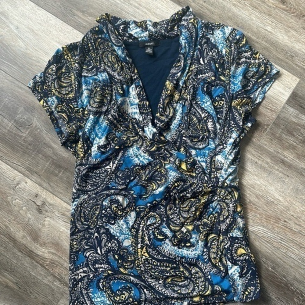 Alfani top XL Blue goldenrod paisley blouse wrap front career top